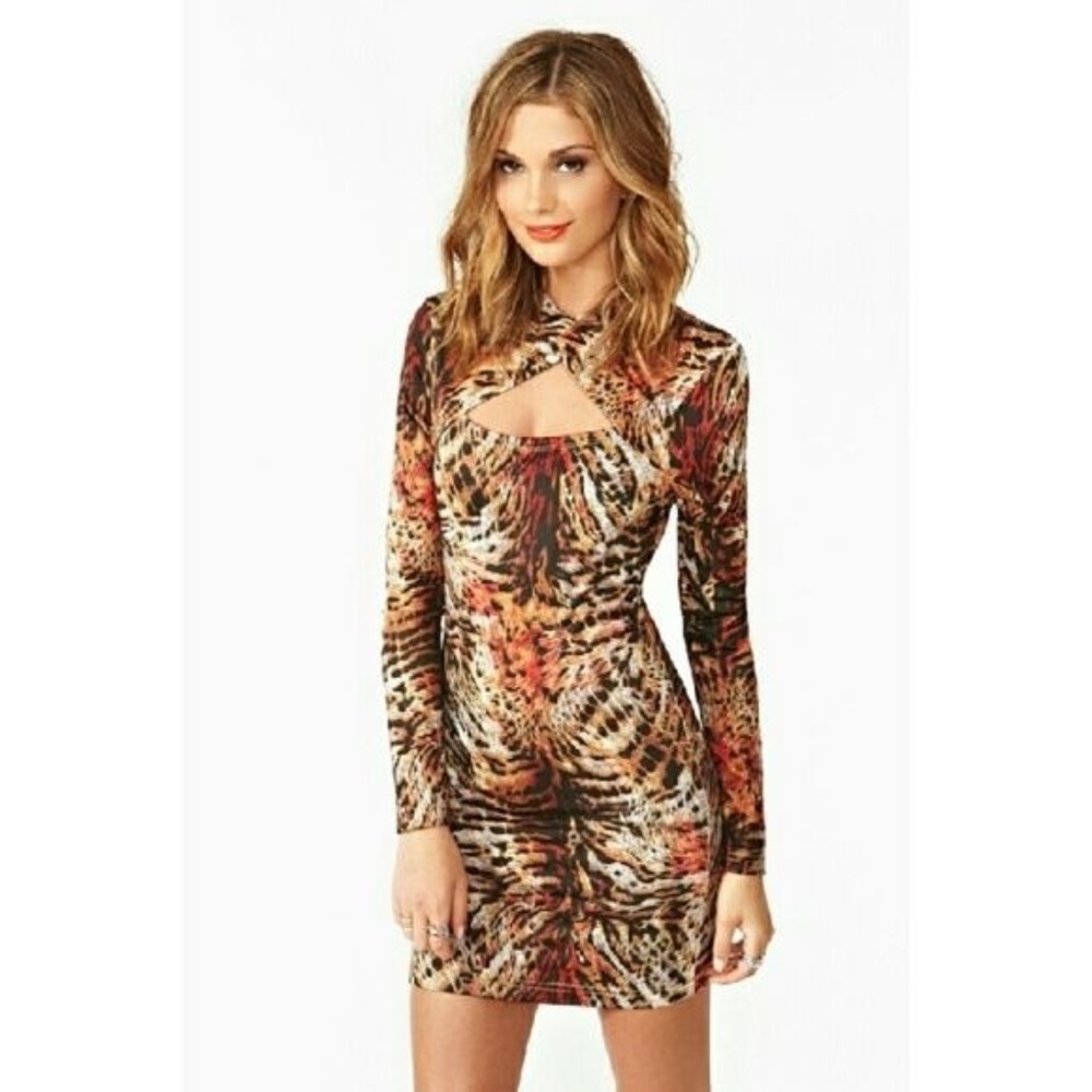 UNIF Tiger Print Body Con Long Sleeve Dress